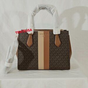 NWT Michael Kors Marilyn Medium Logo Stripe Satchel Crossbody Brown Luggage